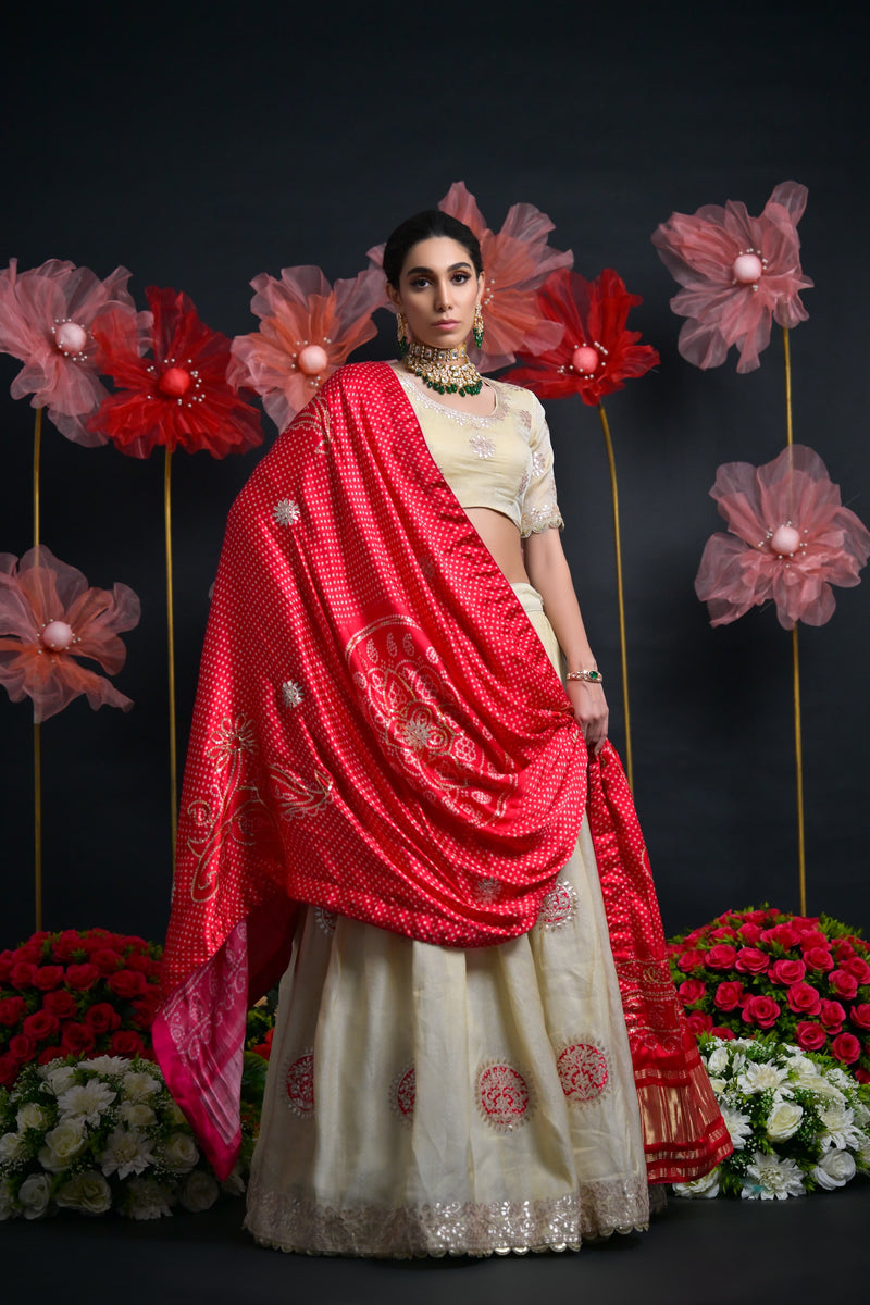 Ivory & Red Tissue Bridal Lehenga with Gota Patti & Aari Work