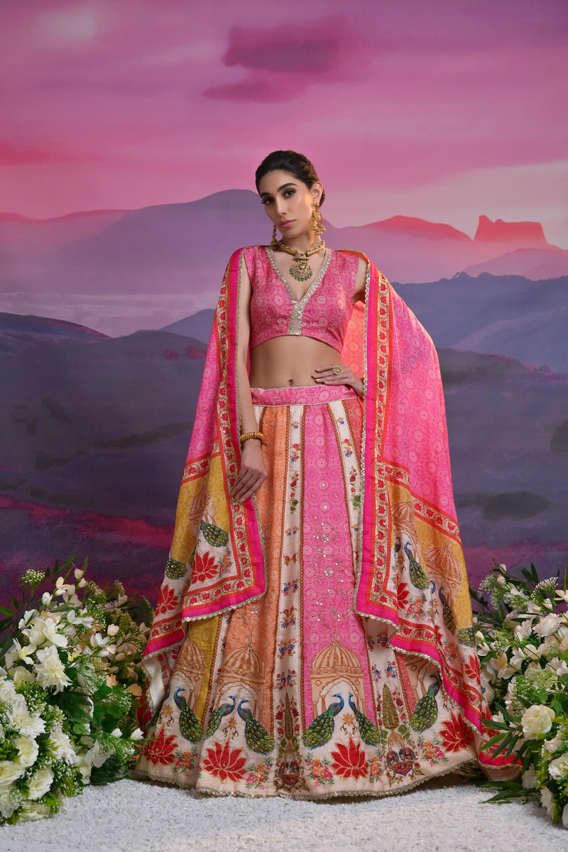 Pink & Peach Bridal Lehenga with Peacock & Palace Design