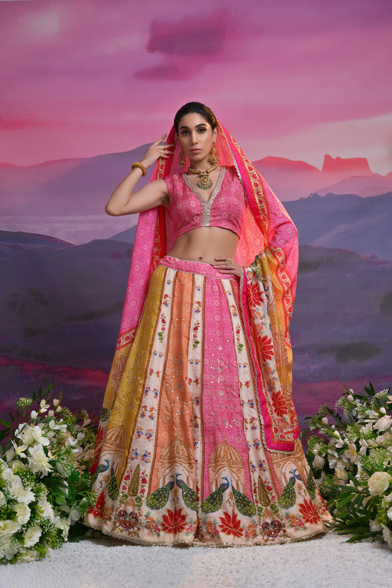 Pink & Peach Bridal Lehenga with Peacock & Palace Design