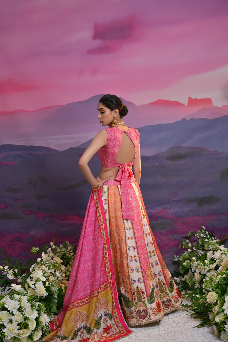 Pink & Peach Bridal Lehenga with Peacock & Palace Design