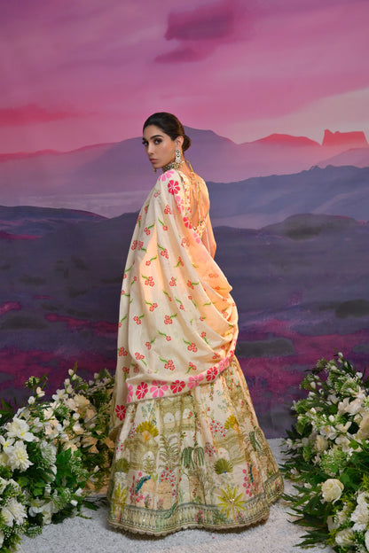 Ivory &amp; Green Floral Embroidered Lehenga with Zardosi Work
