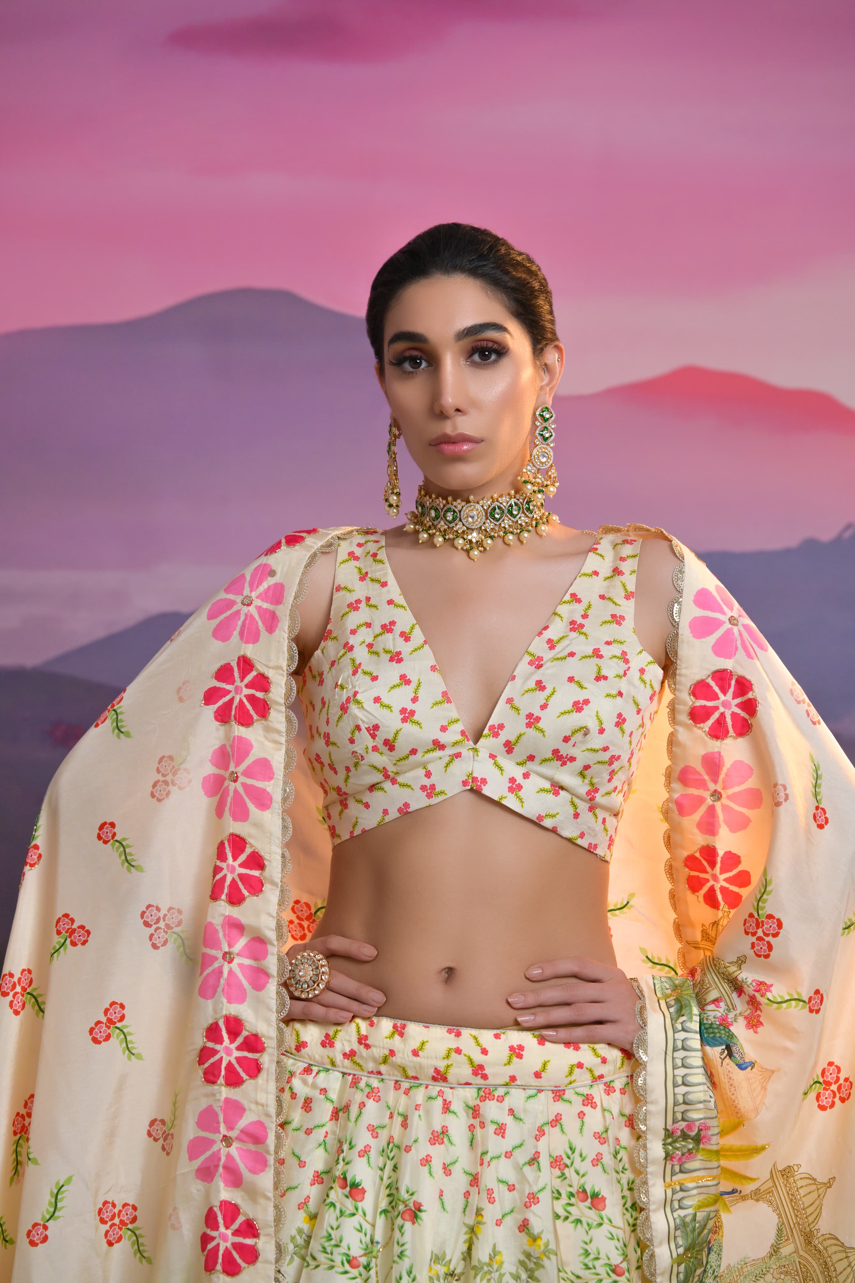 Ivory &amp; Green Floral Embroidered Lehenga with Zardosi Work