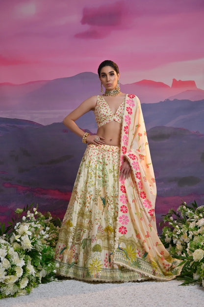 Ivory &amp; Green Floral Embroidered Lehenga with Zardosi Work