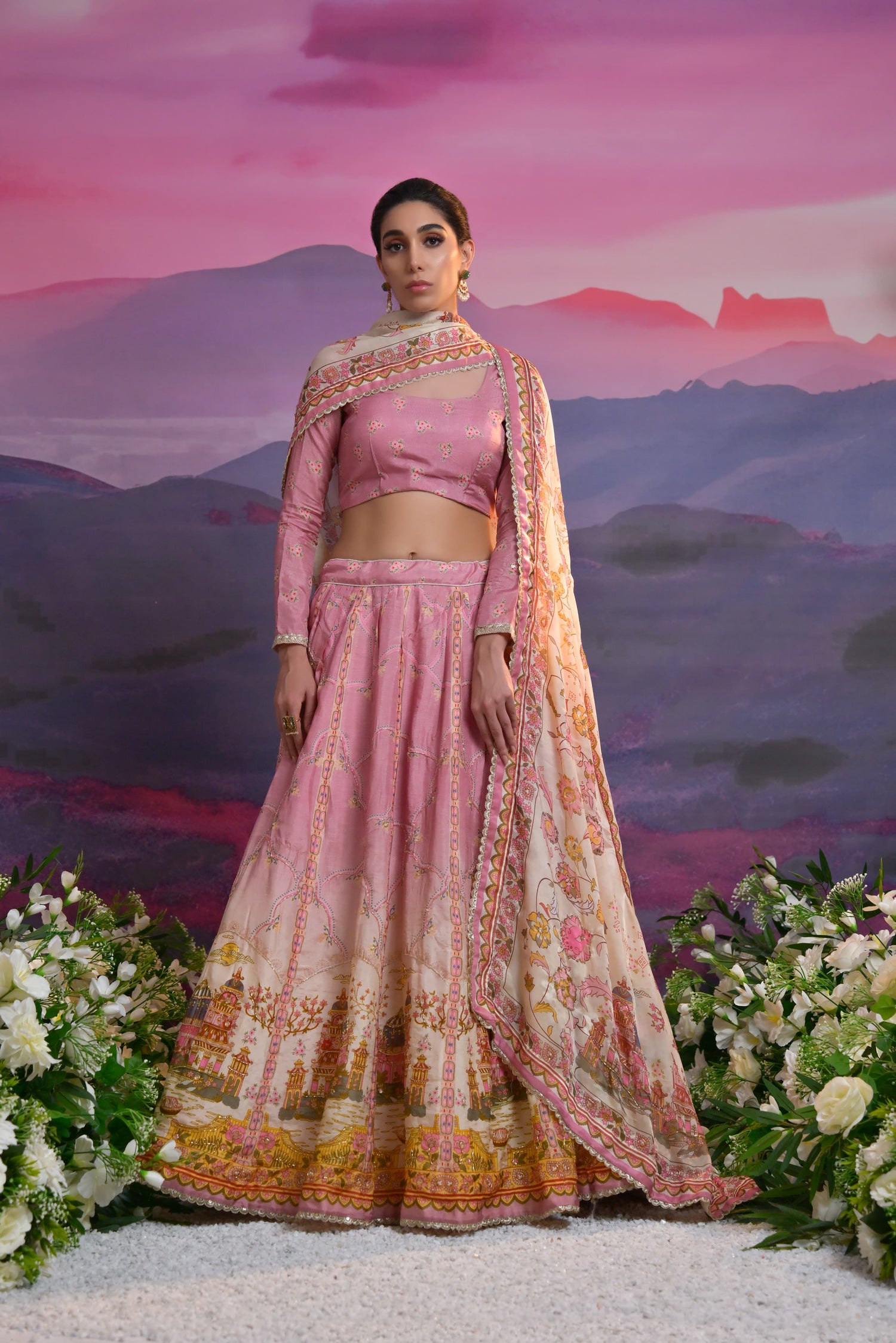 Pastel Pink &amp; Ivory Embroidered Bridal Lehenga with Zardosi Work