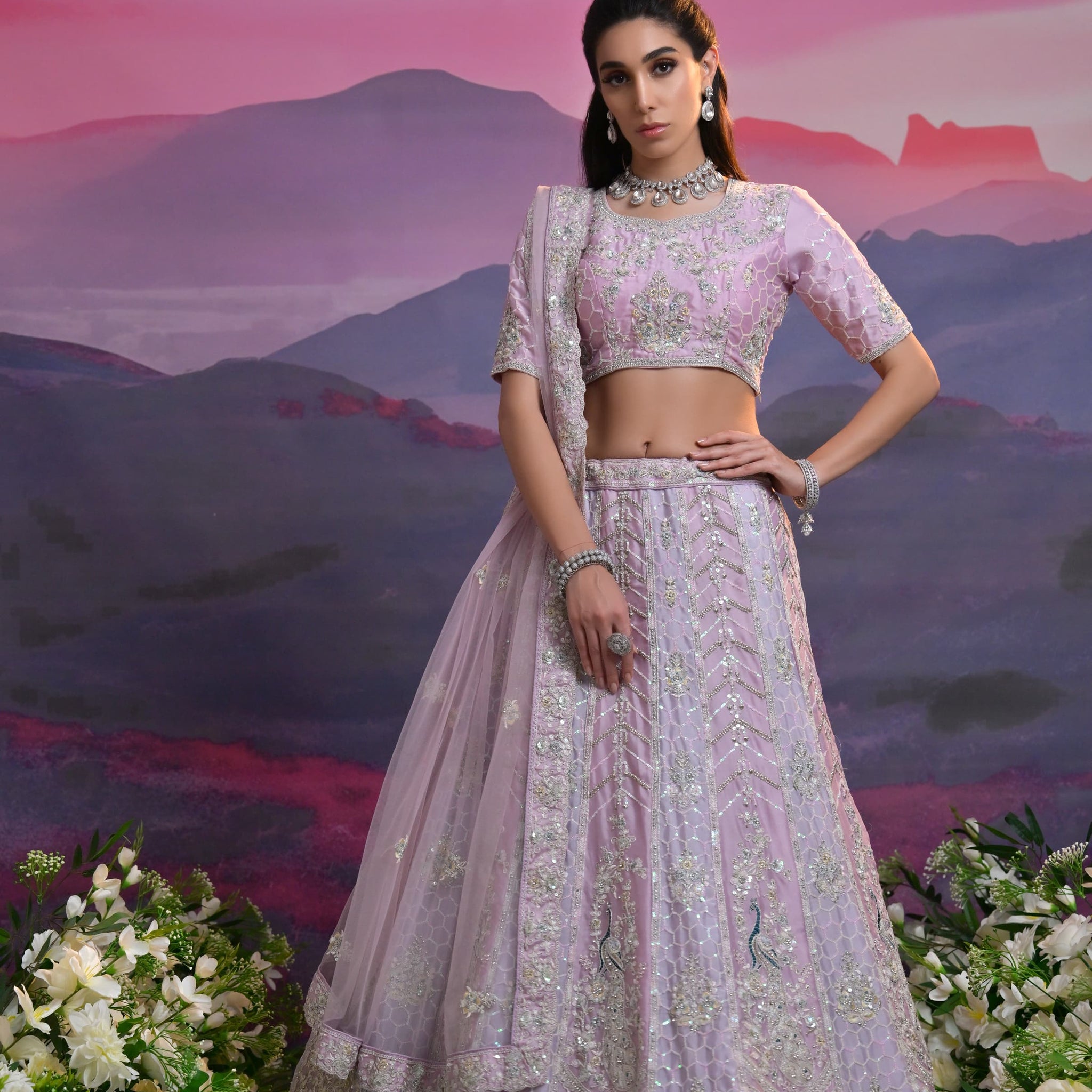 Lavender Heavy Embroidered Wedding Lehenga with Net Dupatta