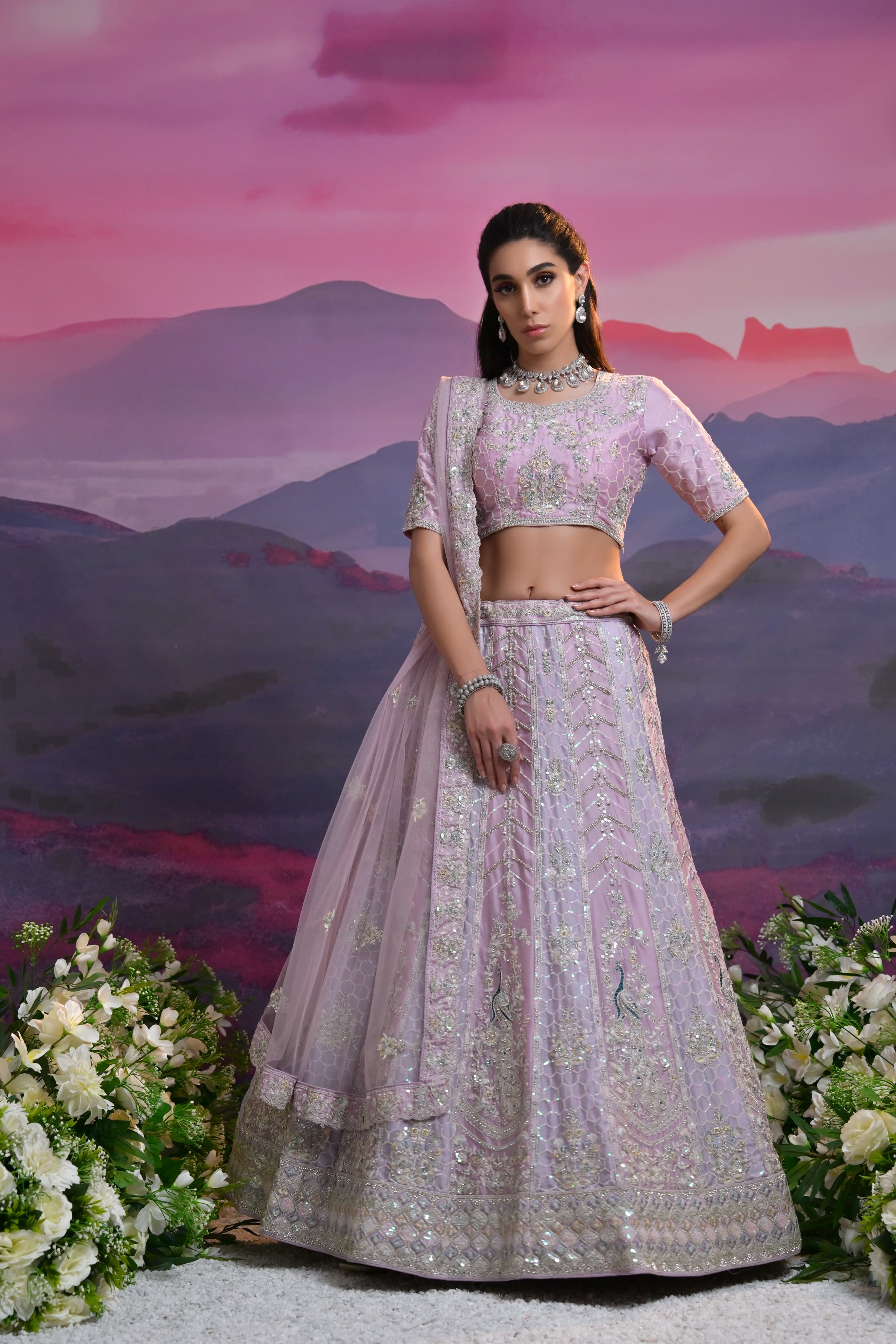Lavender Heavy Embroidered Wedding Lehenga with Net Dupatta