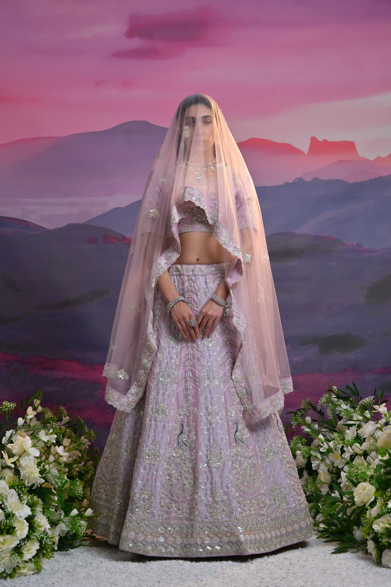 Lavender Heavy Embroidered Wedding Lehenga with Net Dupatta