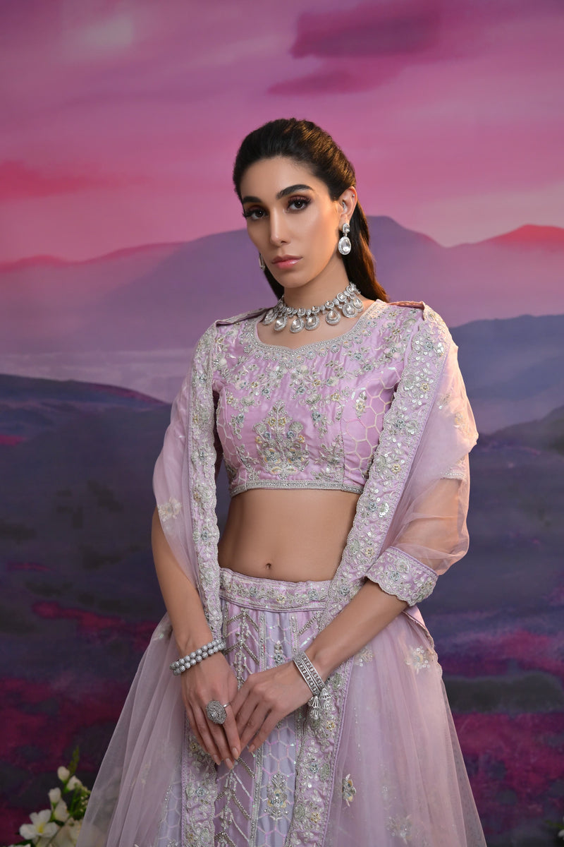 Lavender Heavy Embroidered Wedding Lehenga with Net Dupatta