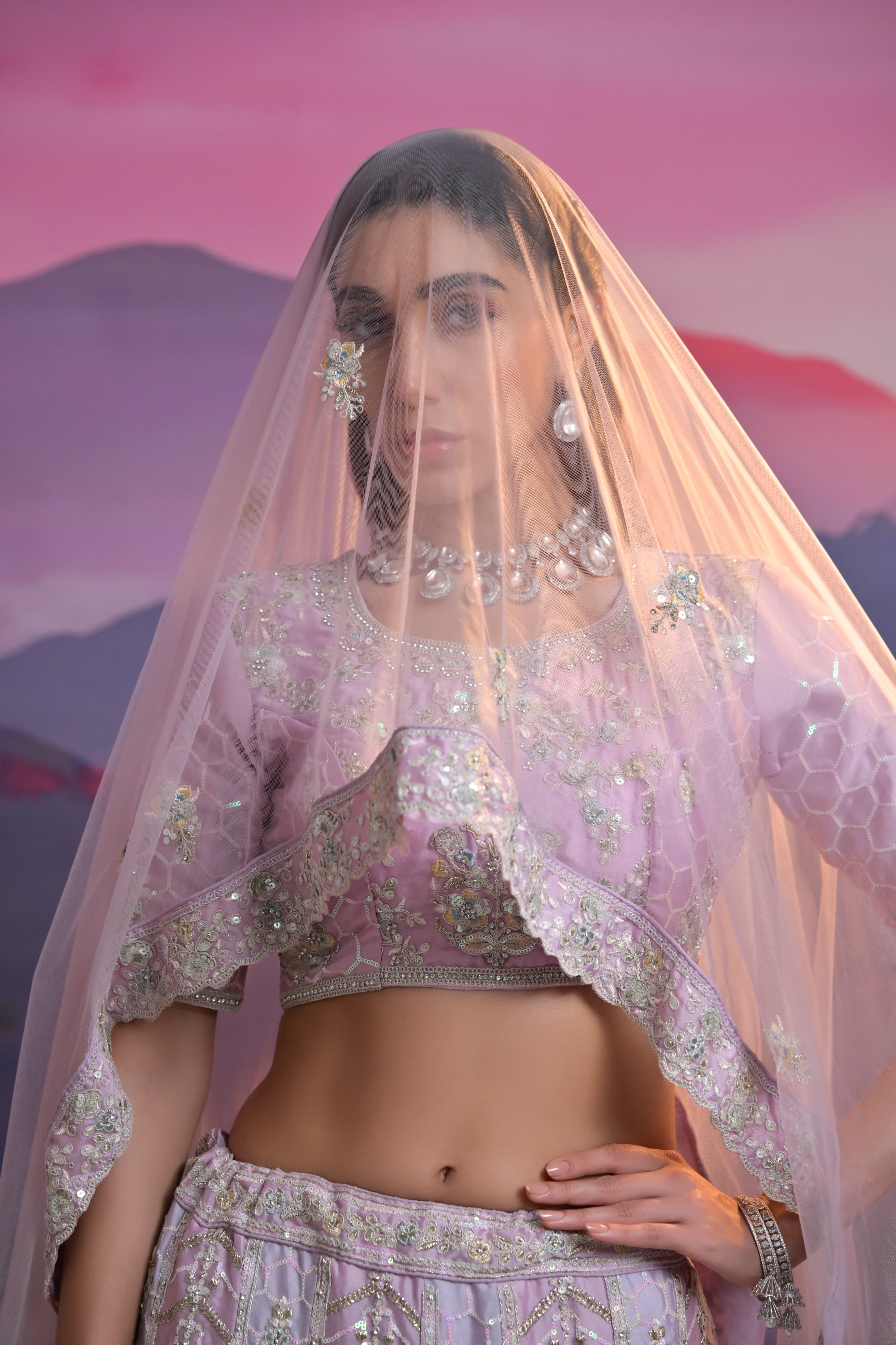 Lavender Heavy Embroidered Wedding Lehenga with Net Dupatta