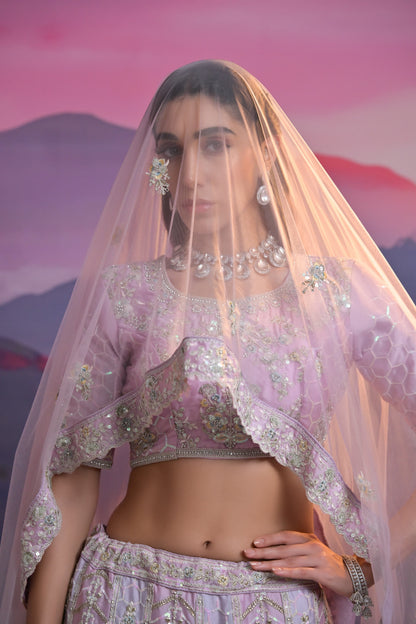 Lavender Heavy Embroidered Wedding Lehenga with Net Dupatta