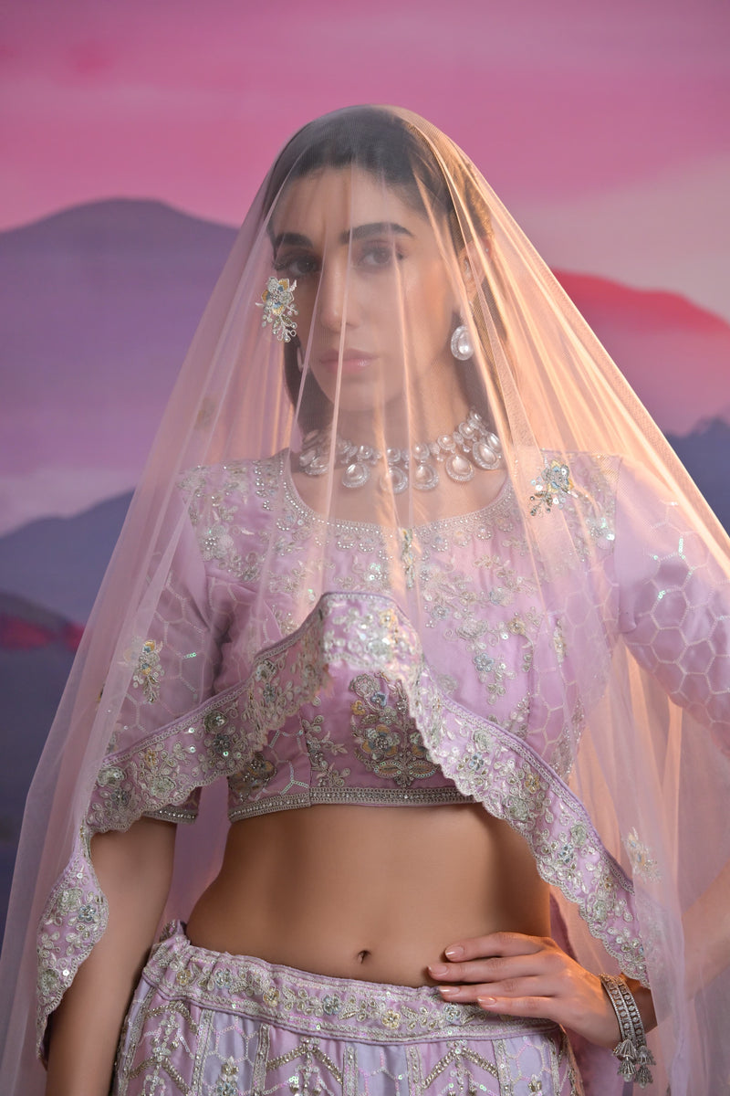 Lavender Heavy Embroidered Wedding Lehenga with Net Dupatta
