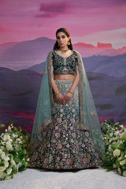 Teal Green Bridal Lehenga with Heavy Embroidery &amp; Net Dupatta