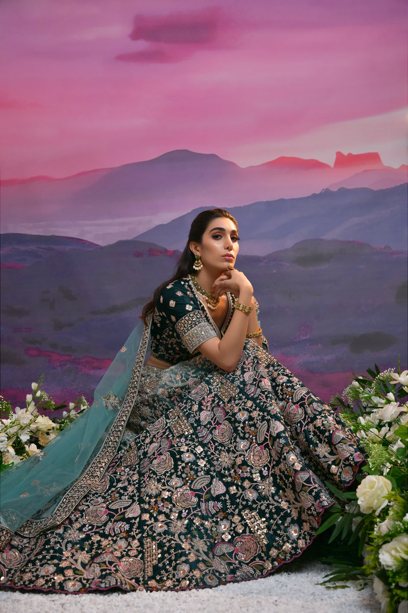 Teal Green Bridal Lehenga with Heavy Embroidery & Net Dupatta
