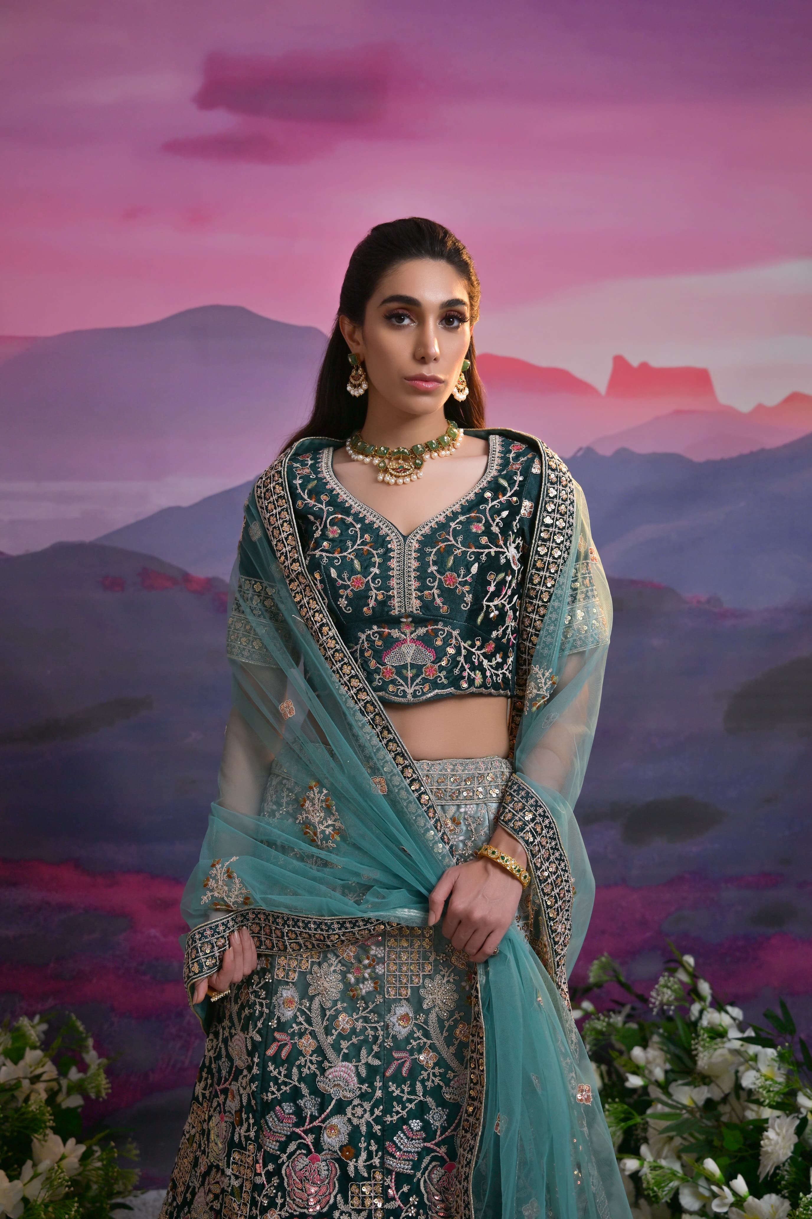 Teal Green Bridal Lehenga with Heavy Embroidery &amp; Net Dupatta