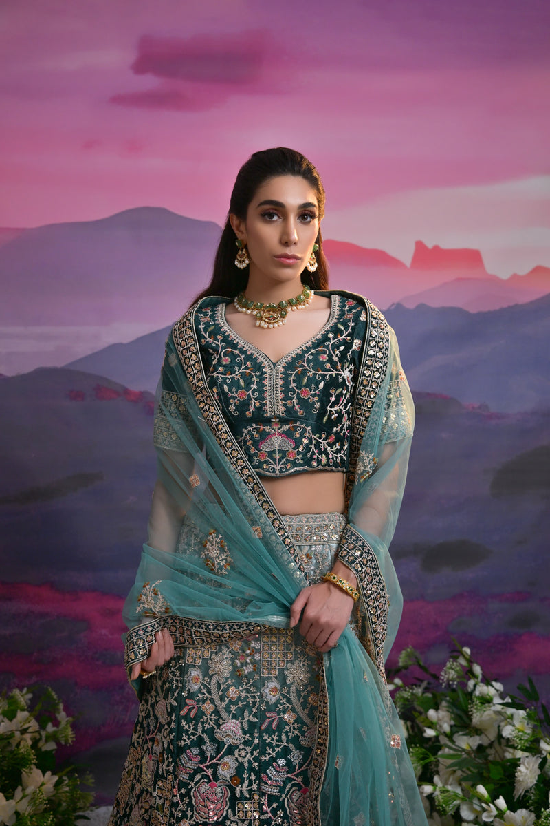 Teal Green Bridal Lehenga with Heavy Embroidery & Net Dupatta