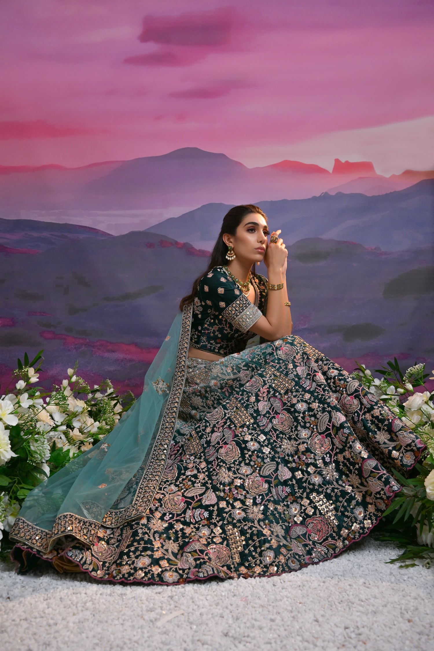 Teal Green Bridal Lehenga with Heavy Embroidery &amp; Net Dupatta