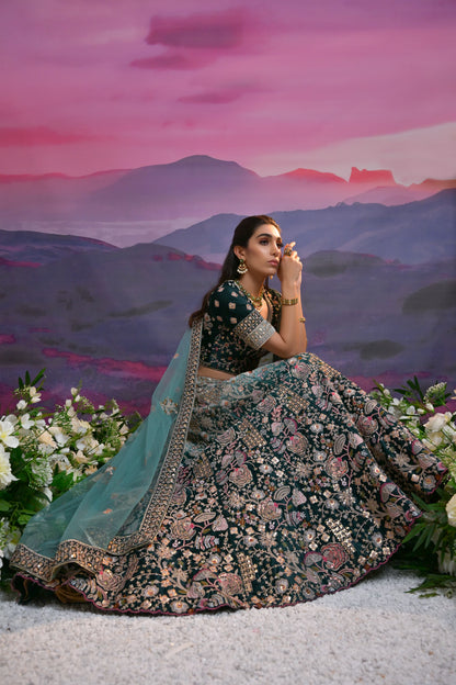 Teal Green Bridal Lehenga with Heavy Embroidery &amp; Net Dupatta