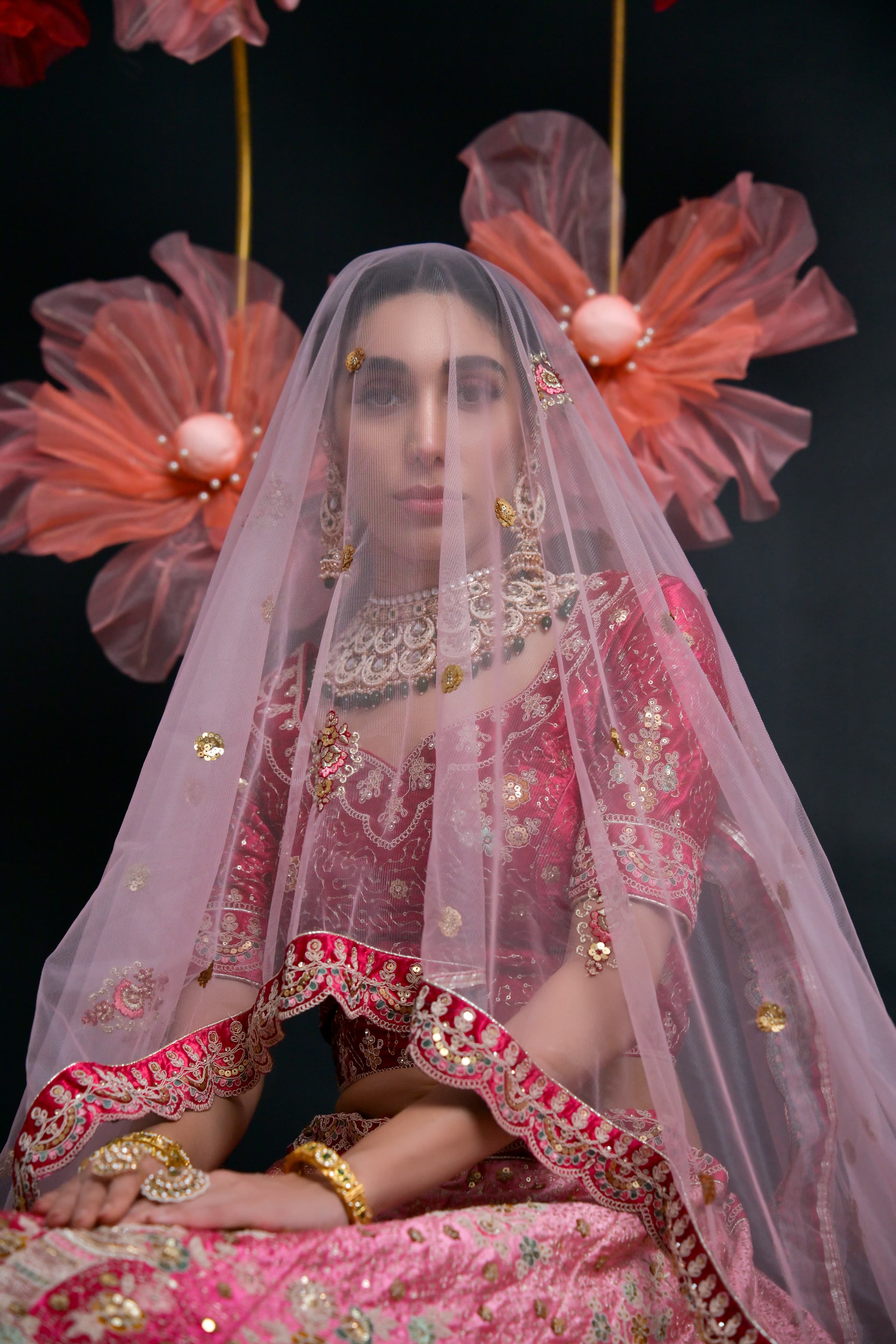 Hot Pink Heavy Embroidered Bridal Lehenga with Net Dupatta