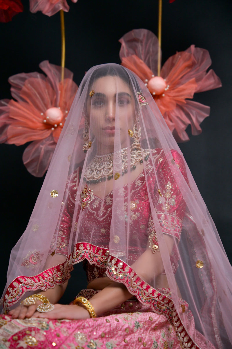 Hot Pink Heavy Embroidered Bridal Lehenga with Net Dupatta
