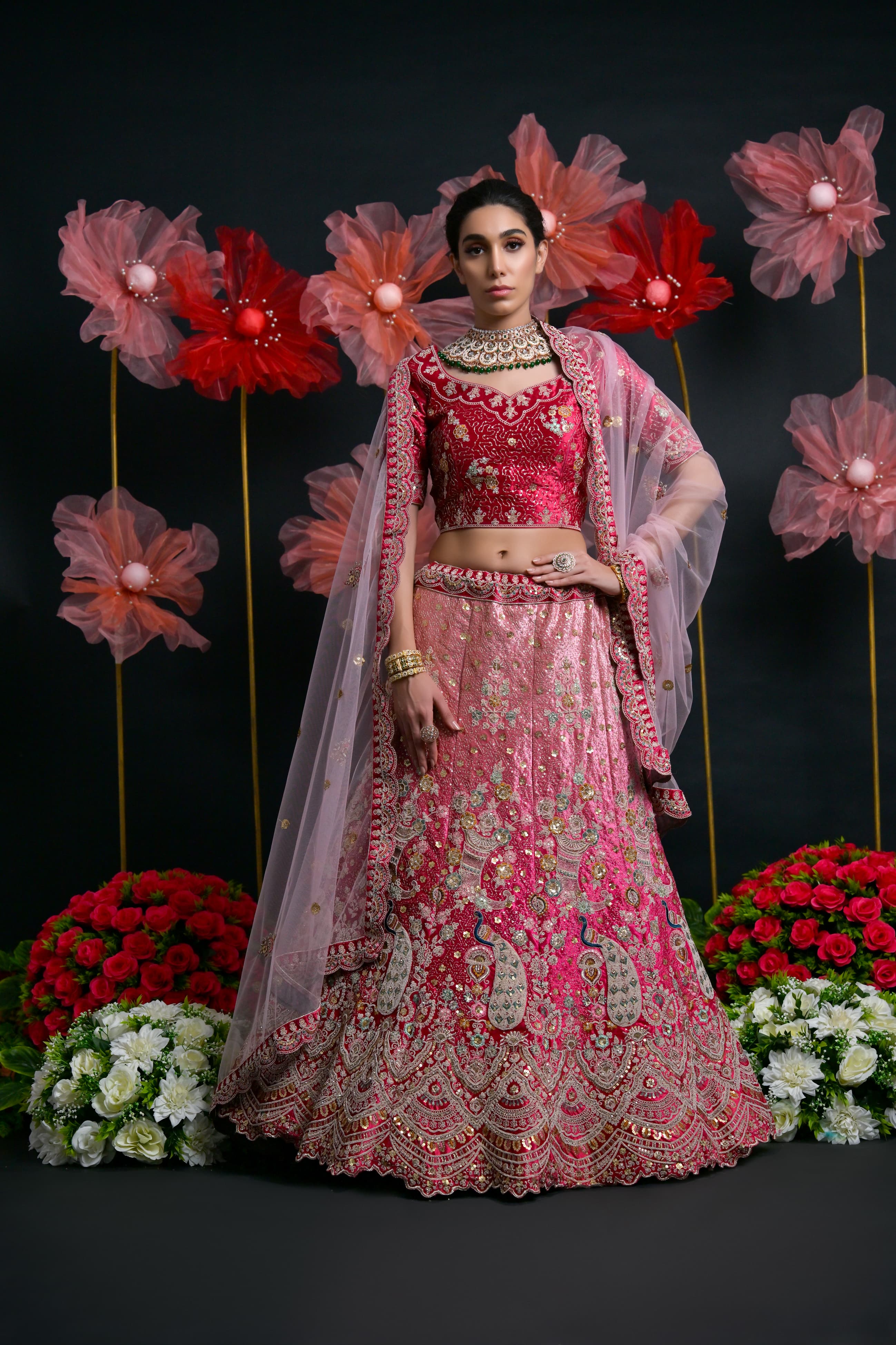 Hot Pink Heavy Embroidered Bridal Lehenga with Net Dupatta