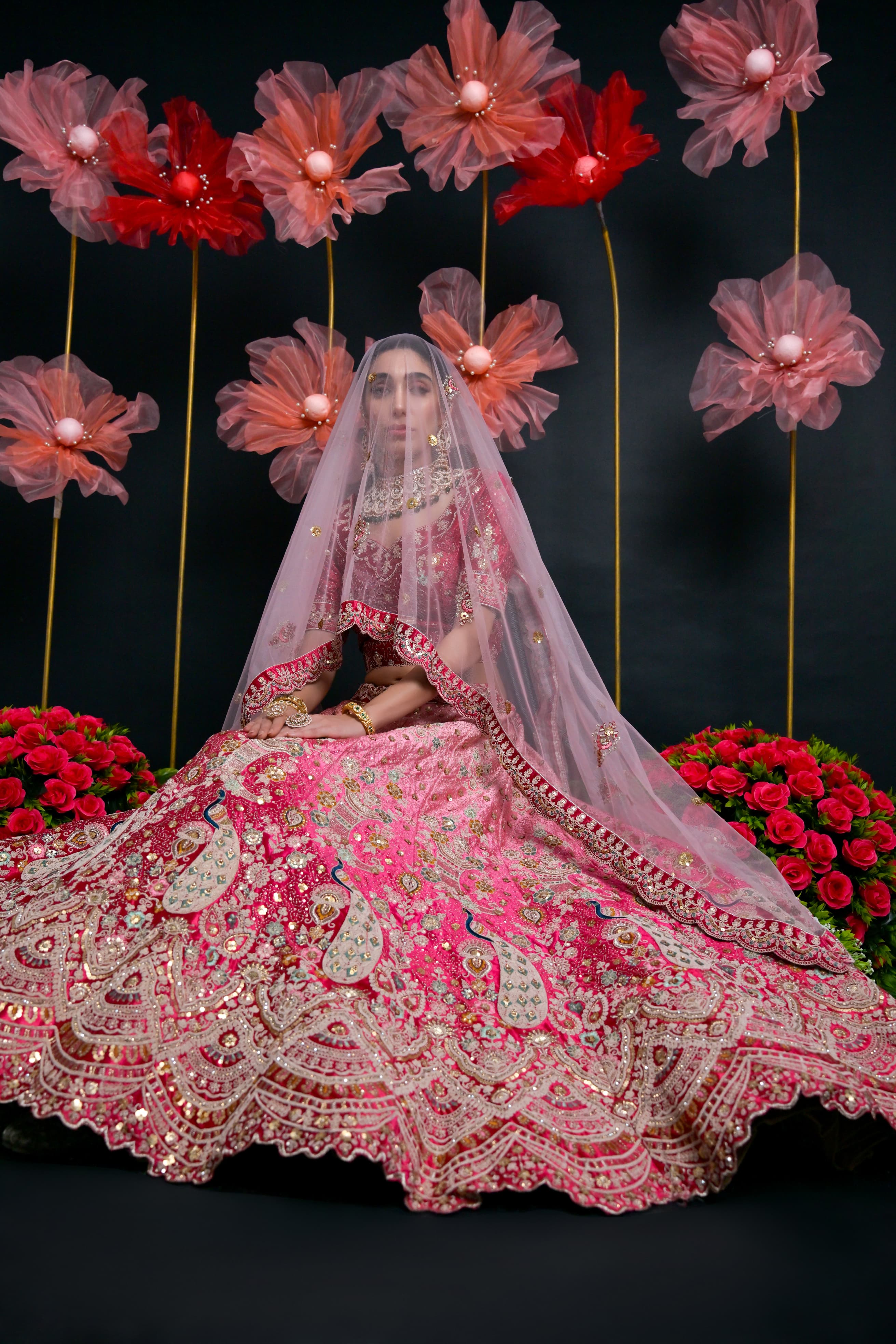 Hot Pink Heavy Embroidered Bridal Lehenga with Net Dupatta