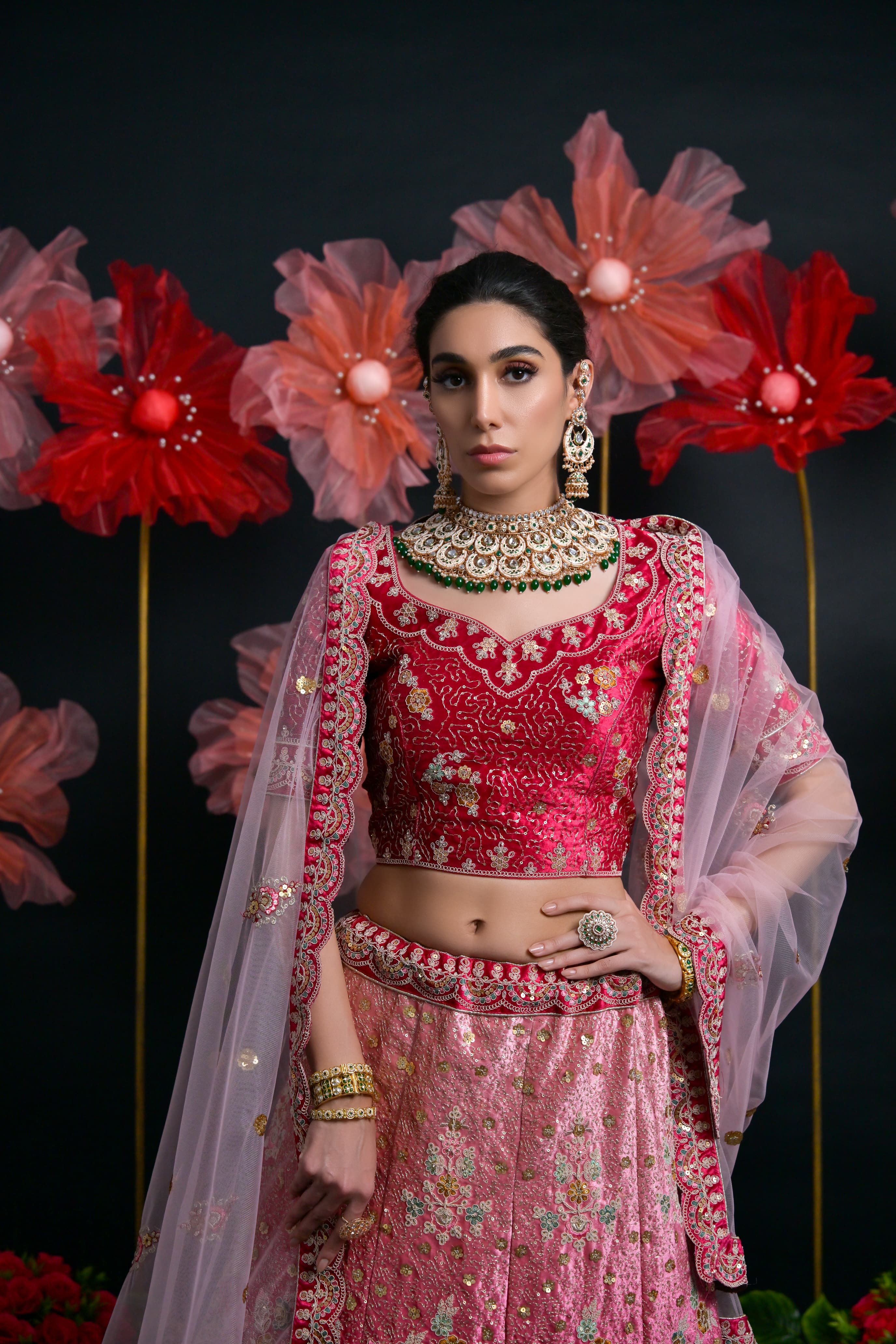 Hot Pink Heavy Embroidered Bridal Lehenga with Net Dupatta