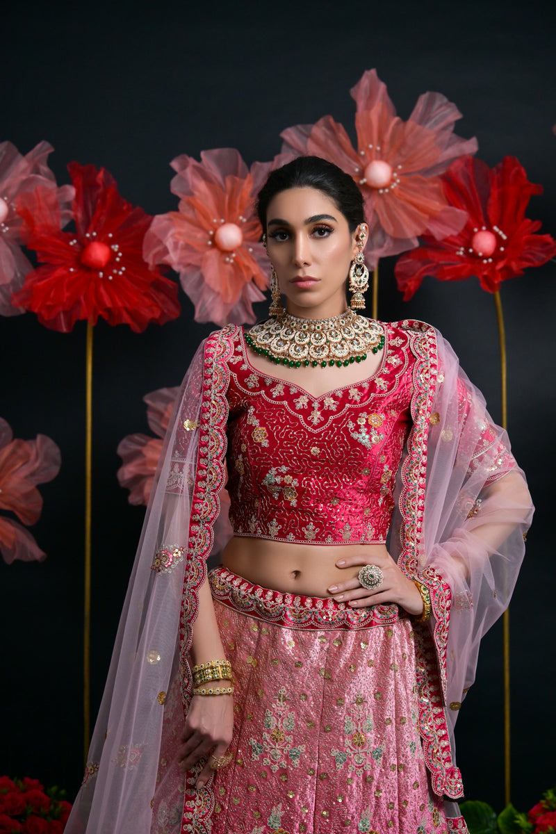 Hot Pink Heavy Embroidered Bridal Lehenga with Net Dupatta