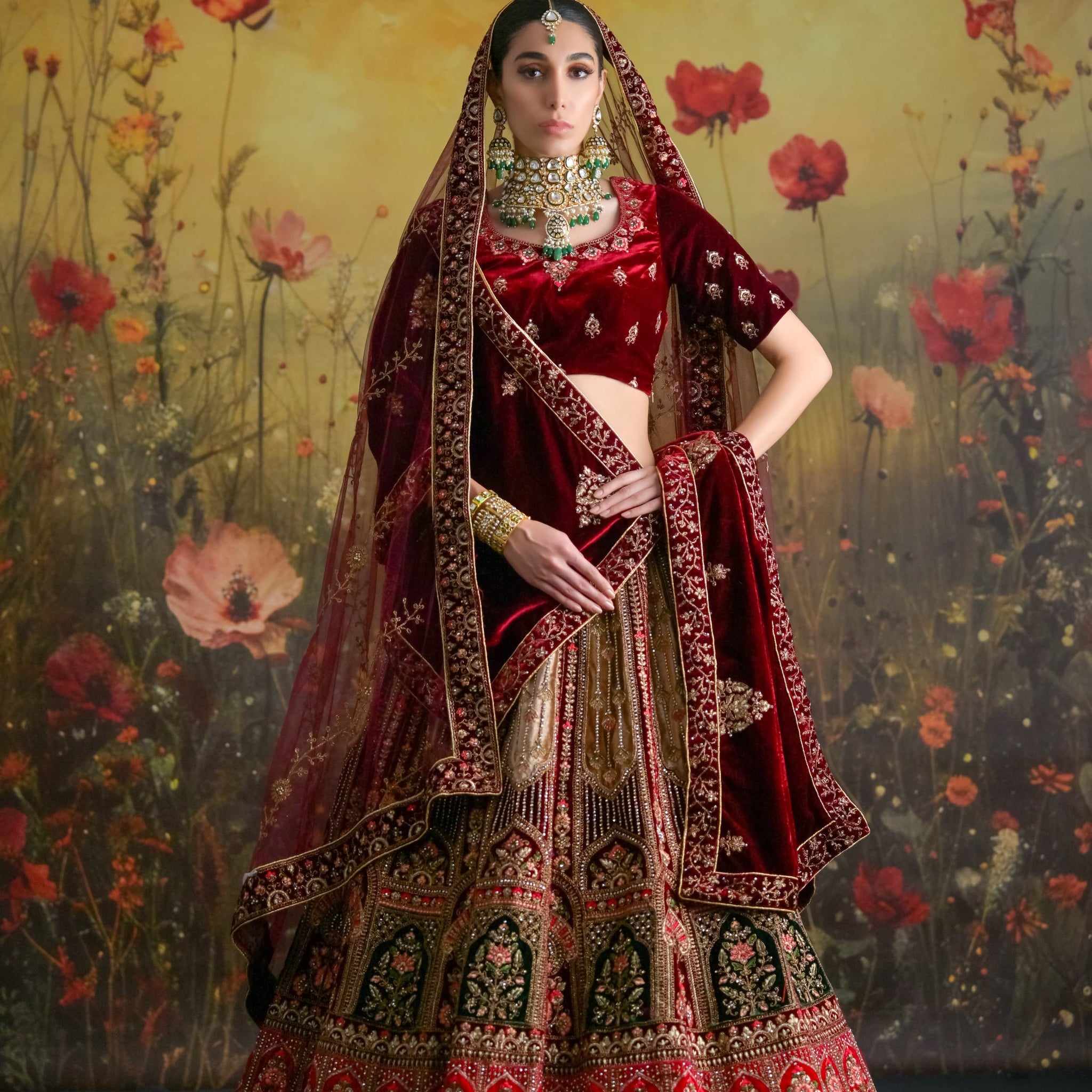 Deep Wine & Gold Velvet Bridal Lehenga with intricate zardosi work and matching embroidered dupatta