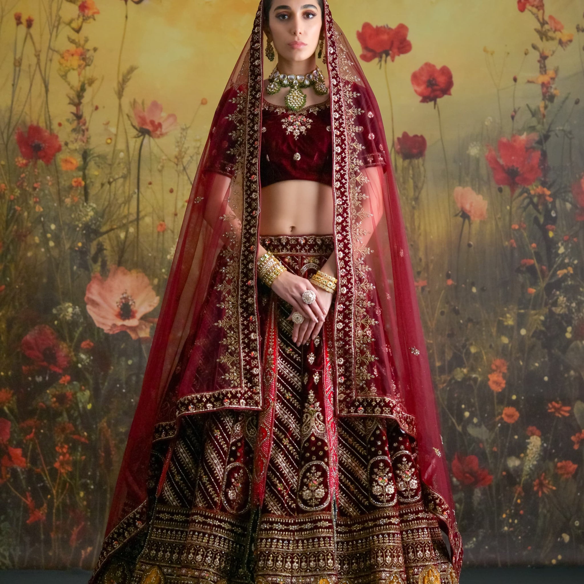 Burgundy and Antique Gold Velvet Bridal Lehenga with rich embroidery and matching dupatta
