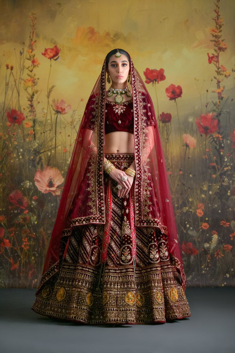 Burgundy and Antique Gold Velvet Bridal Lehenga with rich embroidery and matching dupatta