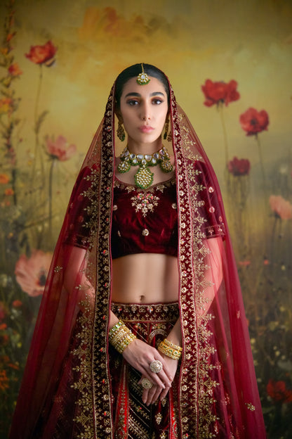Heavy Velvet Bridal Lehenga in Burgundy with Antique Gold detailing