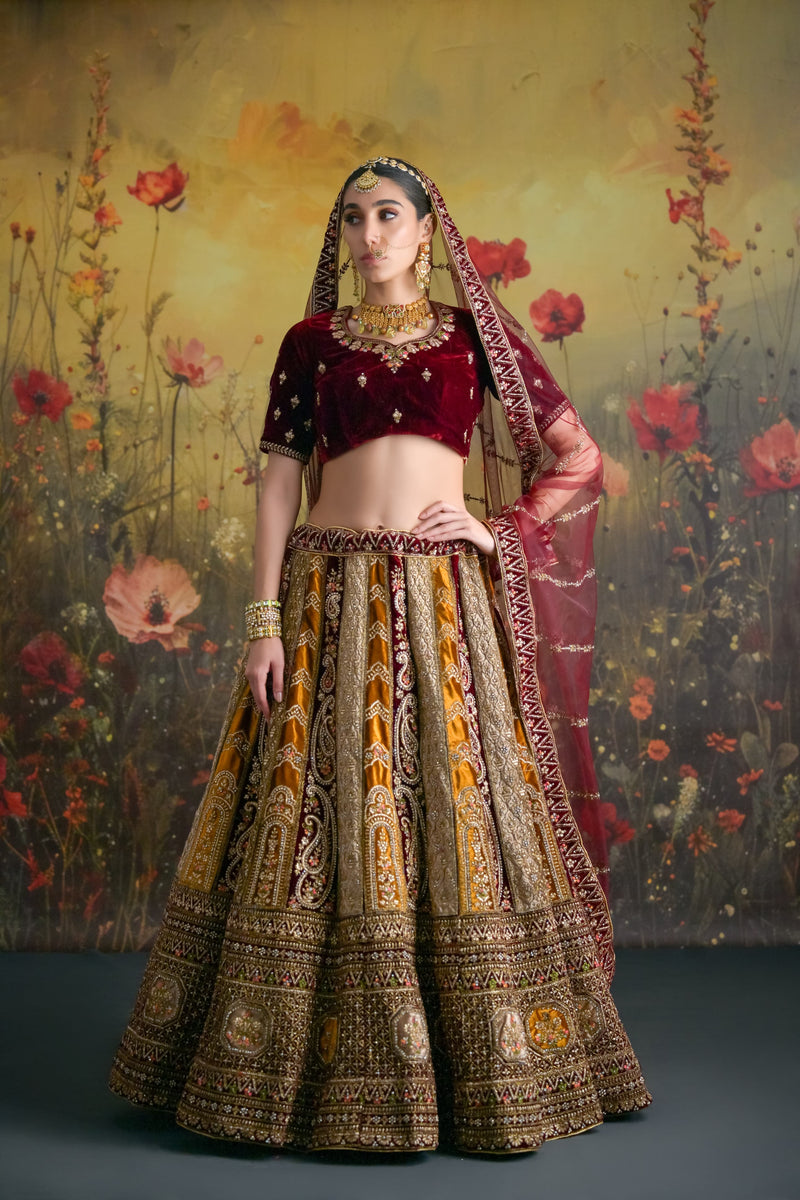 Velvet Bridal Lehenga Choli in mustard and brown shades with heavy Zardosi embroidery