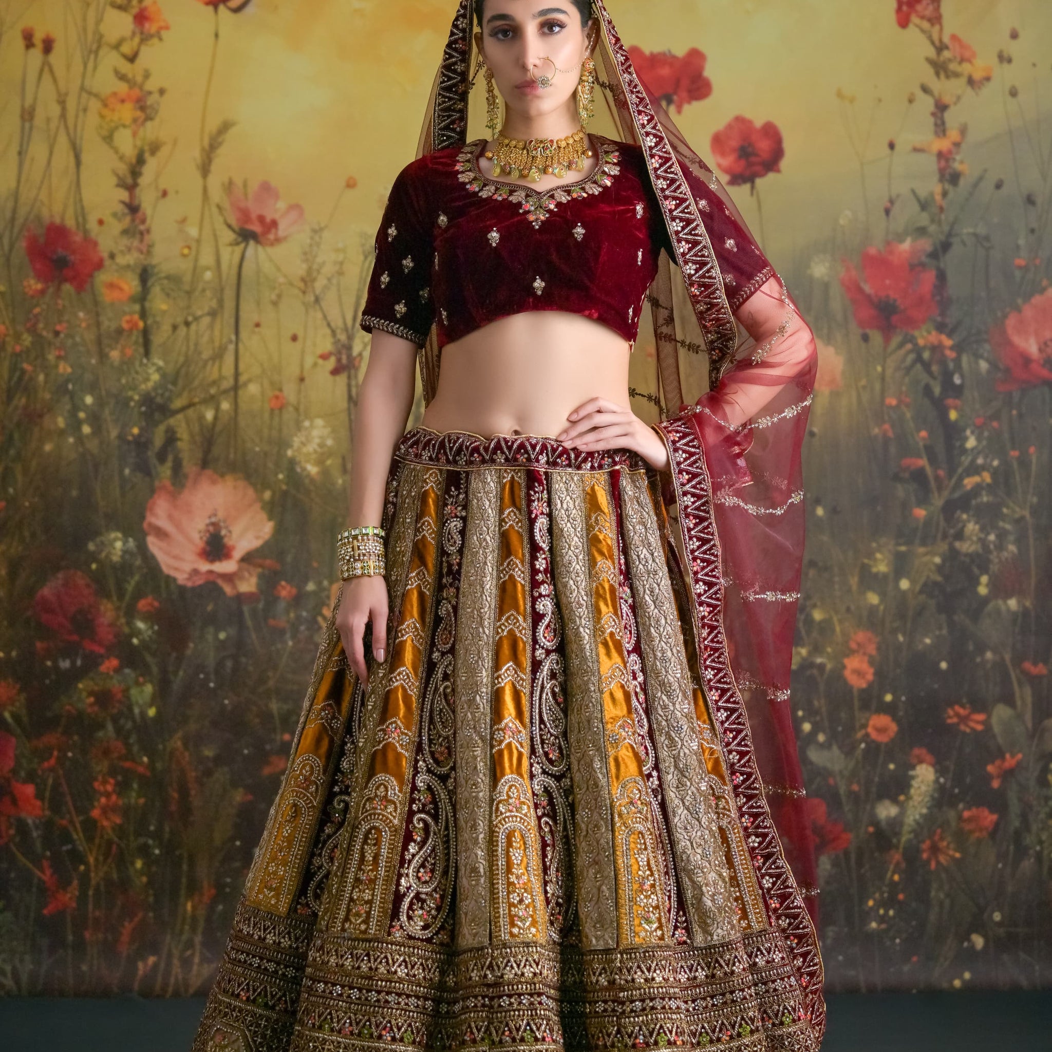 Brown & Mustard Velvet Bridal Lehenga with Zardosi Work