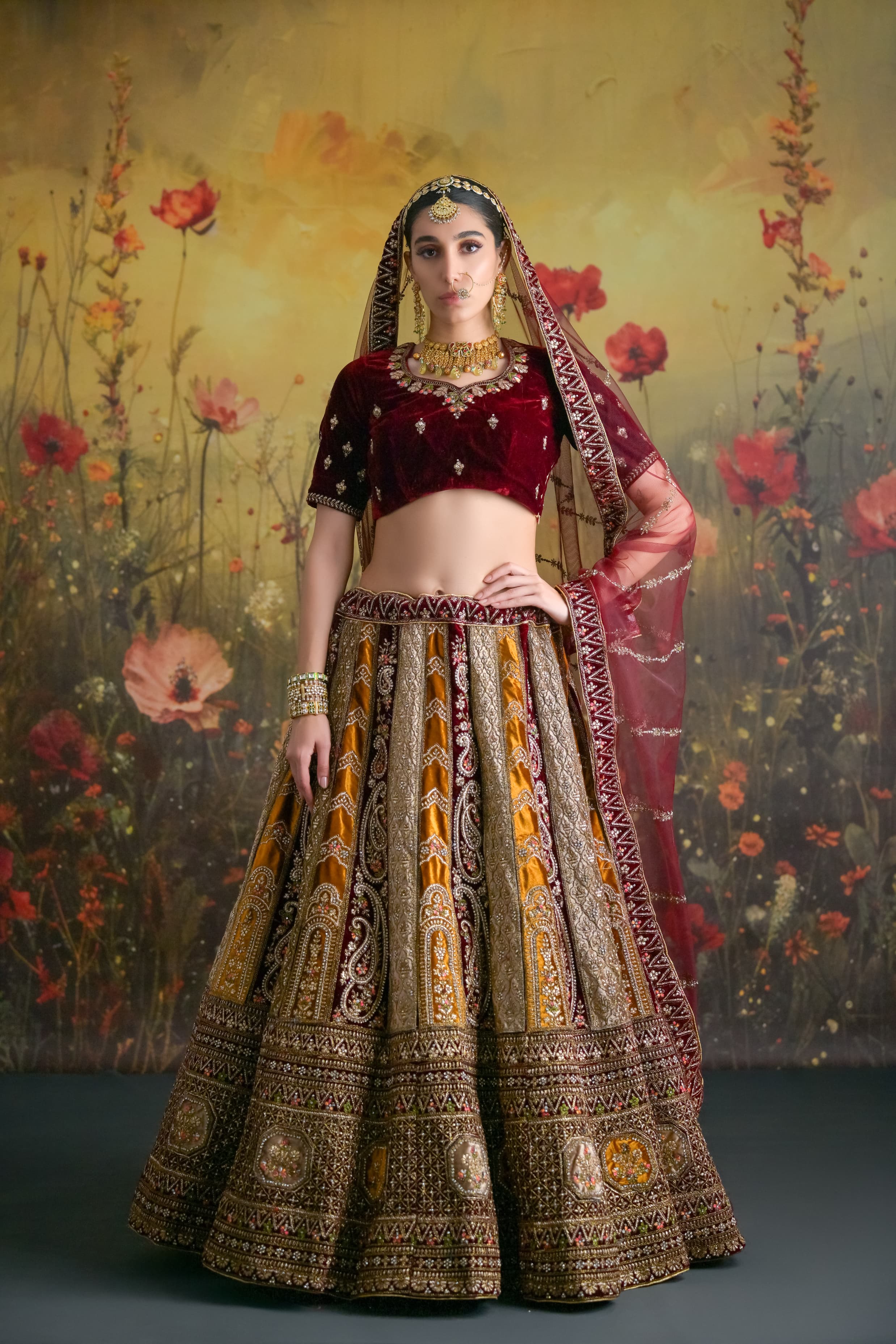 Brown & Mustard Velvet Bridal Lehenga with Zardosi Work