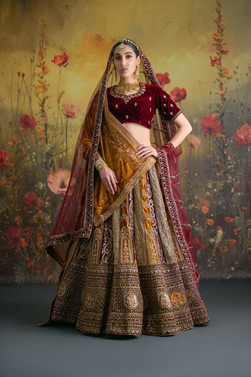 Designer Brown Mustard Bridal Lehenga with velvet fabric and golden Zardosi work 