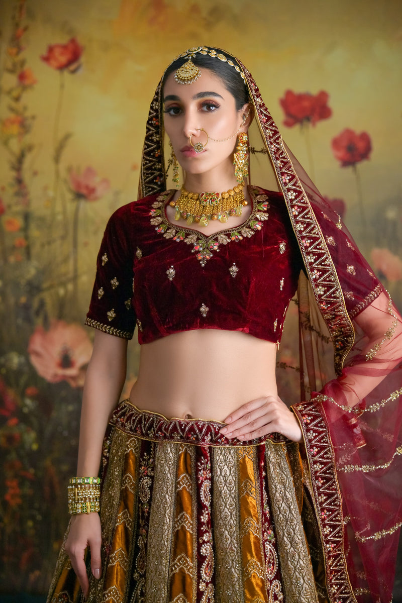 Brown and Mustard Velvet Bridal Lehenga with intricate Zardosi embroidery and matching dupatta