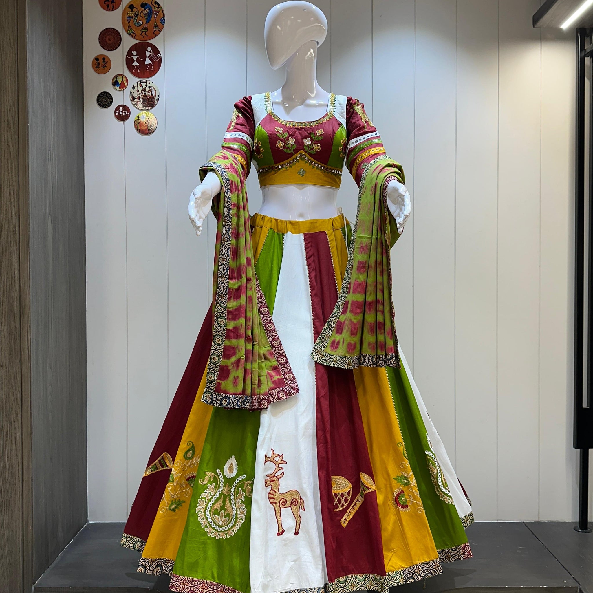 Multicolor Jaam Cotton Chaniya Choli with Aari Work for Navratri


