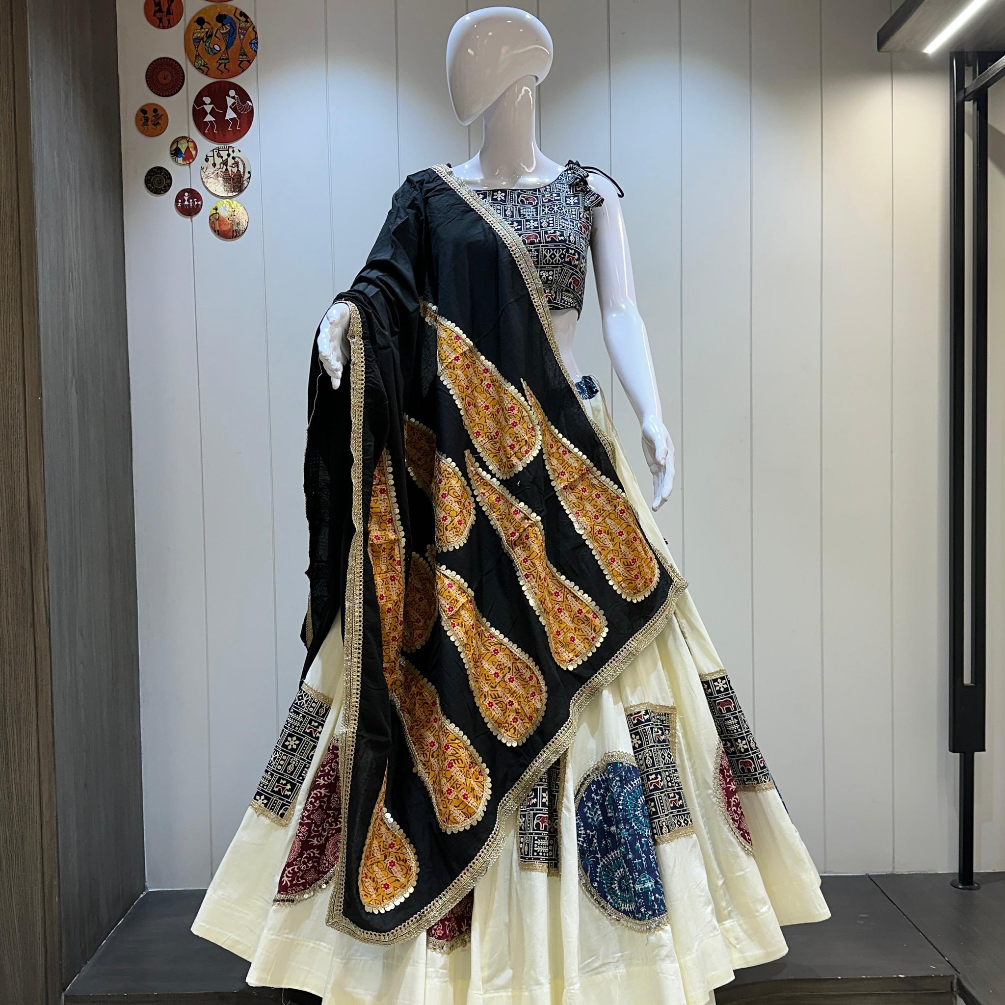 Cream cotton chaniya choli with black dupatta