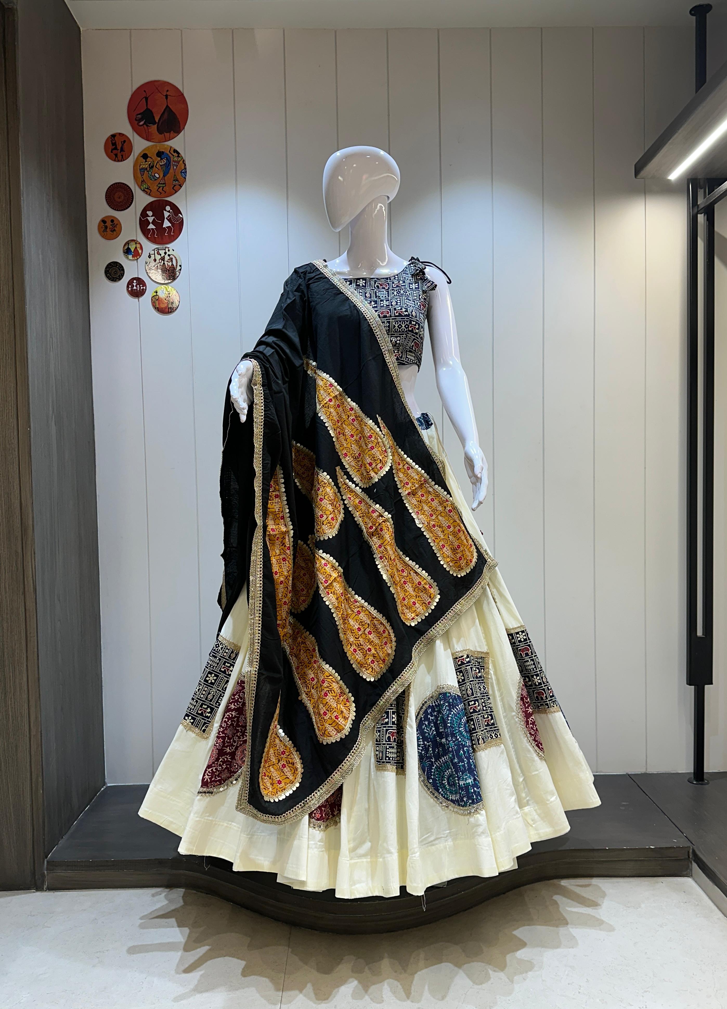 Cream cotton chaniya choli with black dupatta