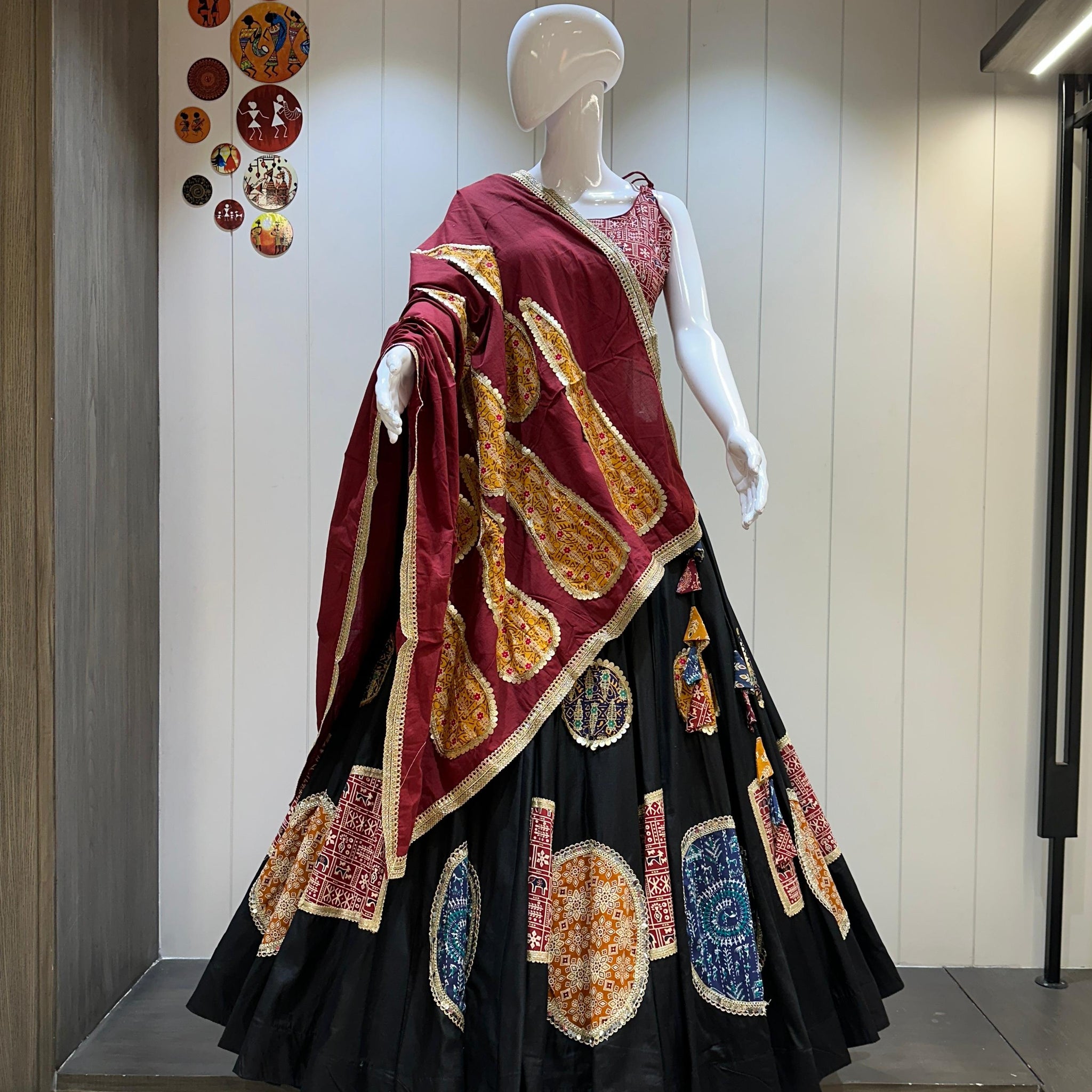 Black Ajrakh chaniya choli with maroon dupatta