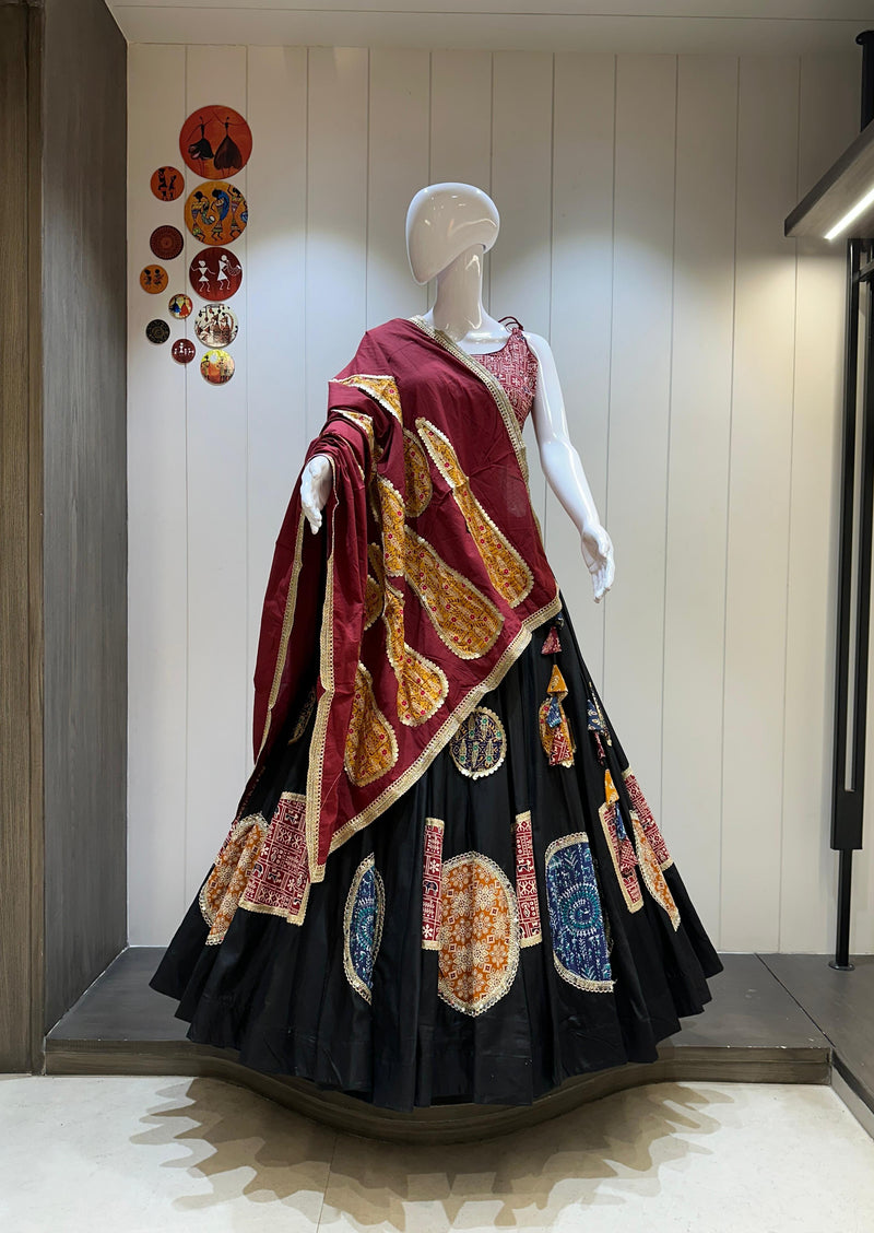 Black Ajrakh chaniya choli with maroon dupatta