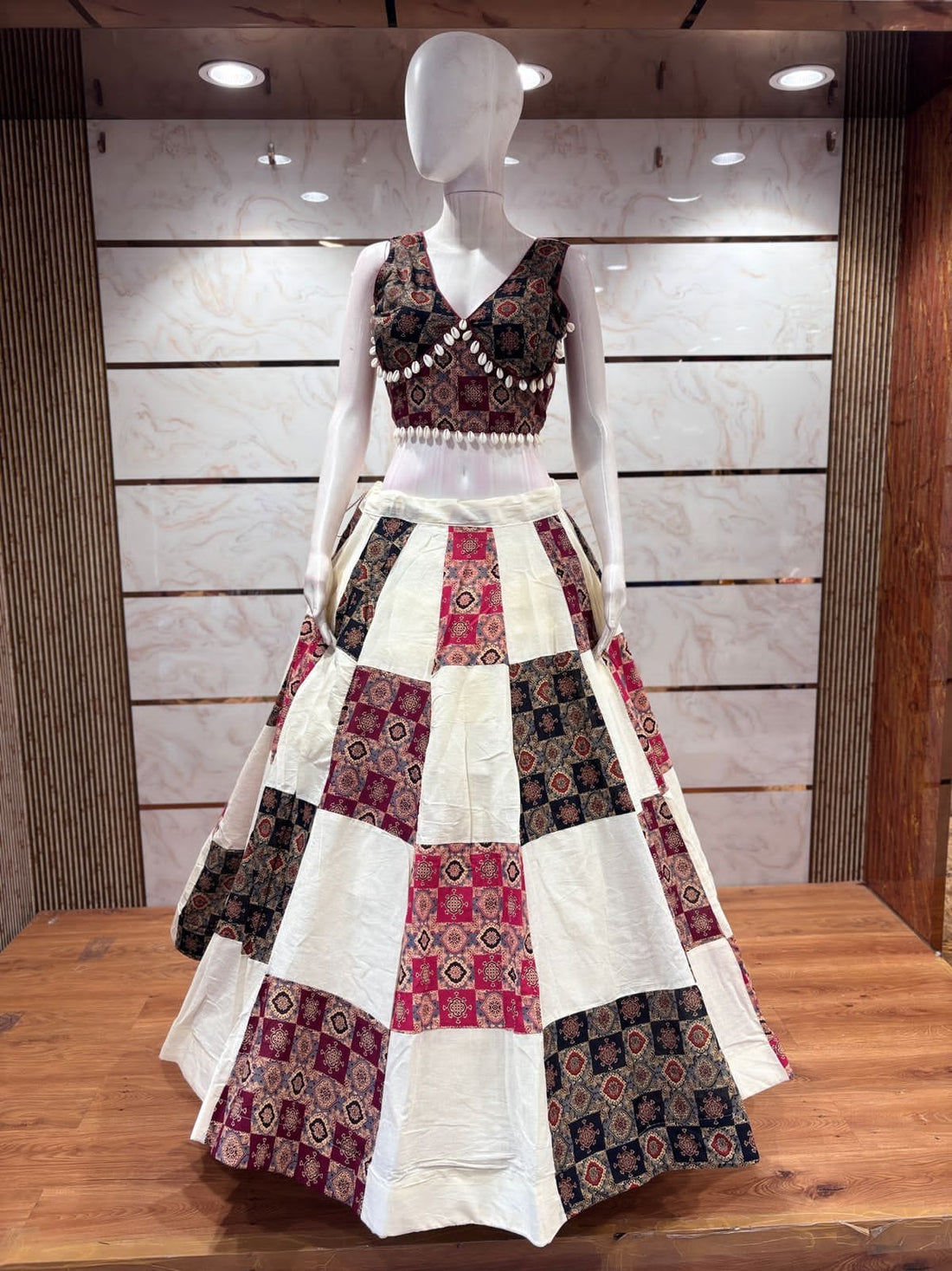 White & Maroon Ajrakh Print Khadi Cotton Chaniya Choli
