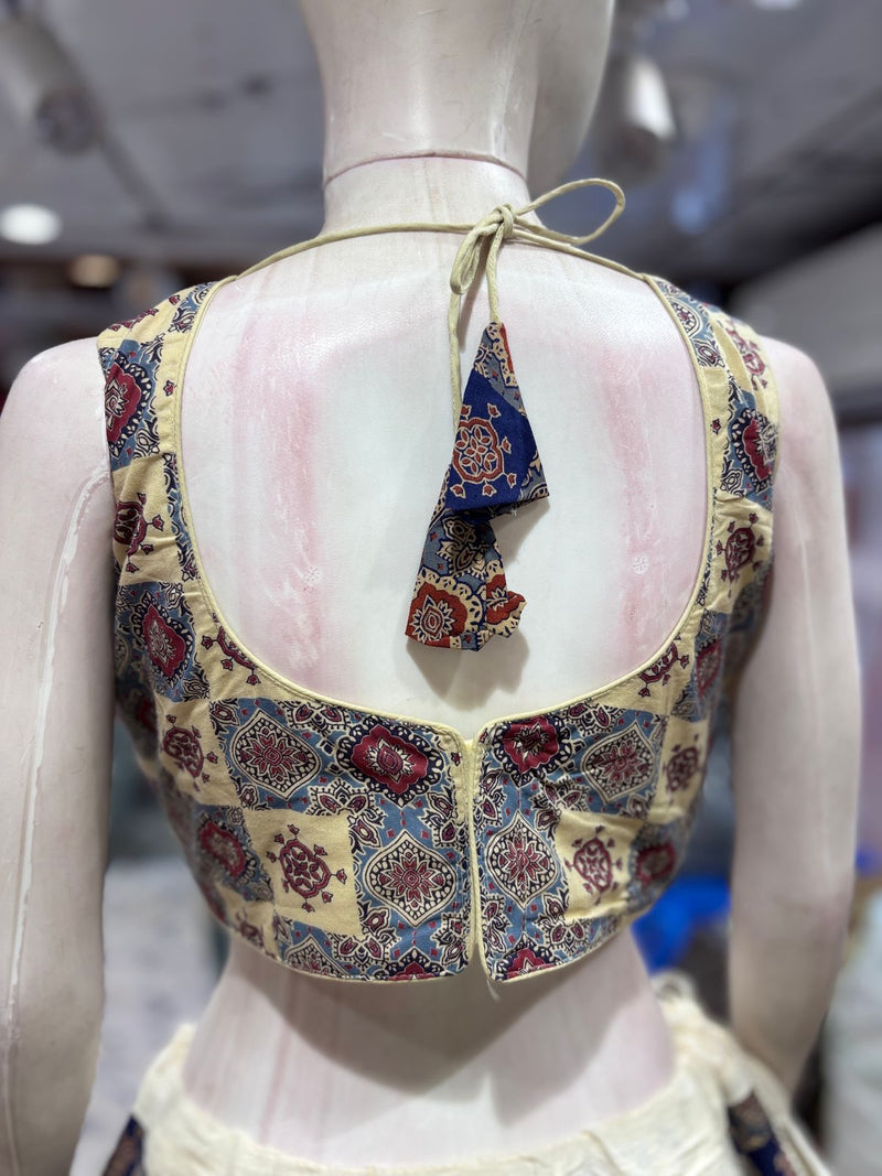 White & Mustard Blue Ajrakh Print Chaniya Choli