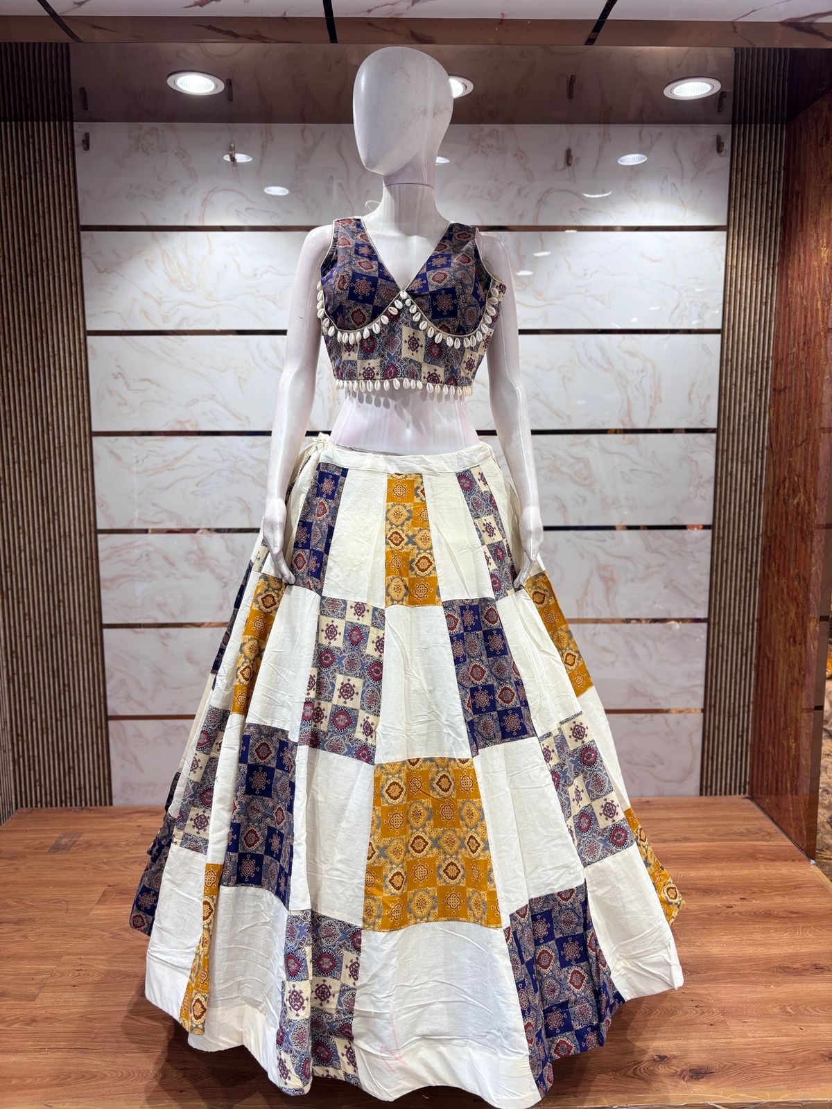 White & Mustard Blue Ajrakh Print Chaniya Choli in usa