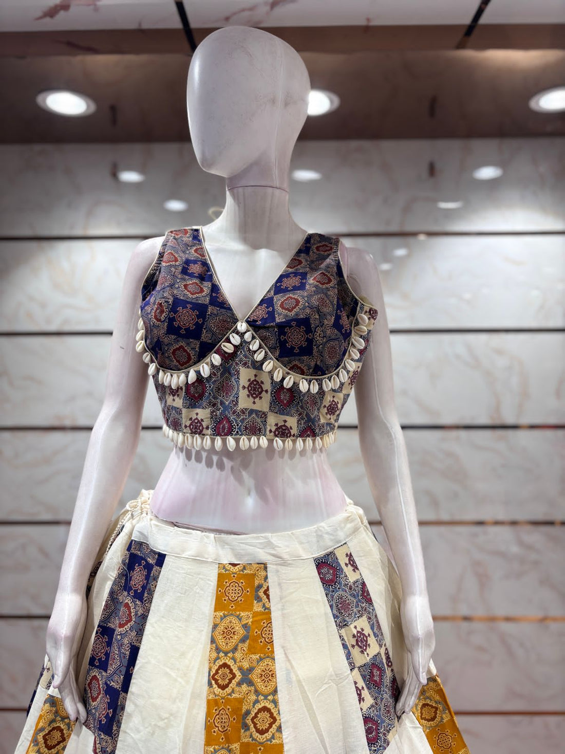 White & Mustard Blue Ajrakh Print Chaniya Choli in usa