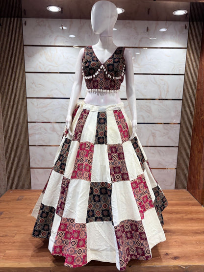 White &amp; Maroon Ajrakh Print Khadi Cotton Chaniya Choli