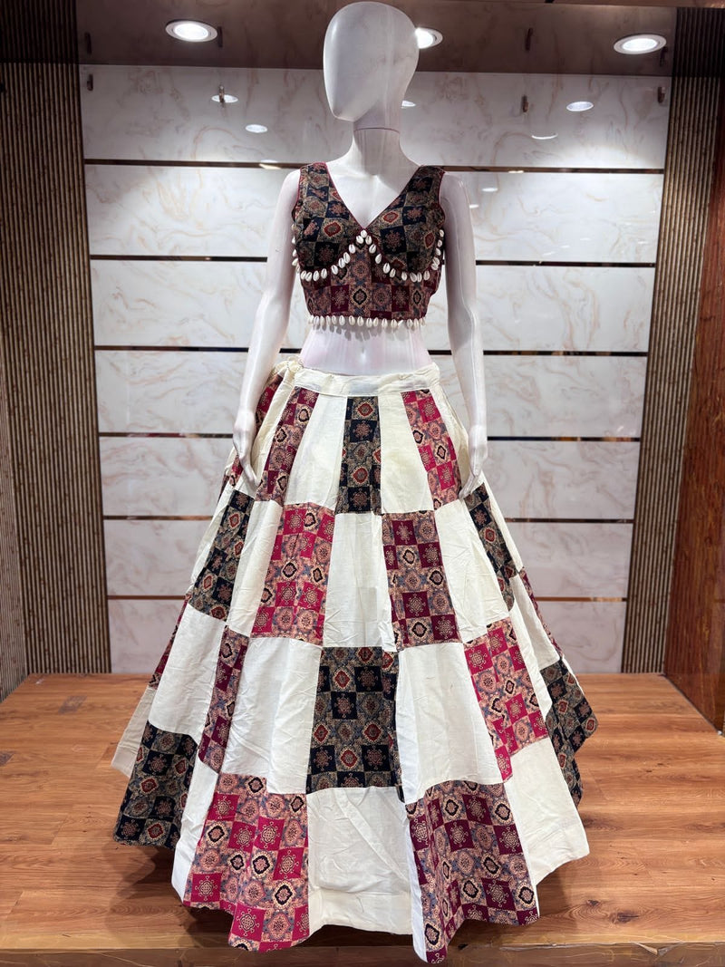 White & Maroon Ajrakh Print Khadi Cotton Chaniya Choli