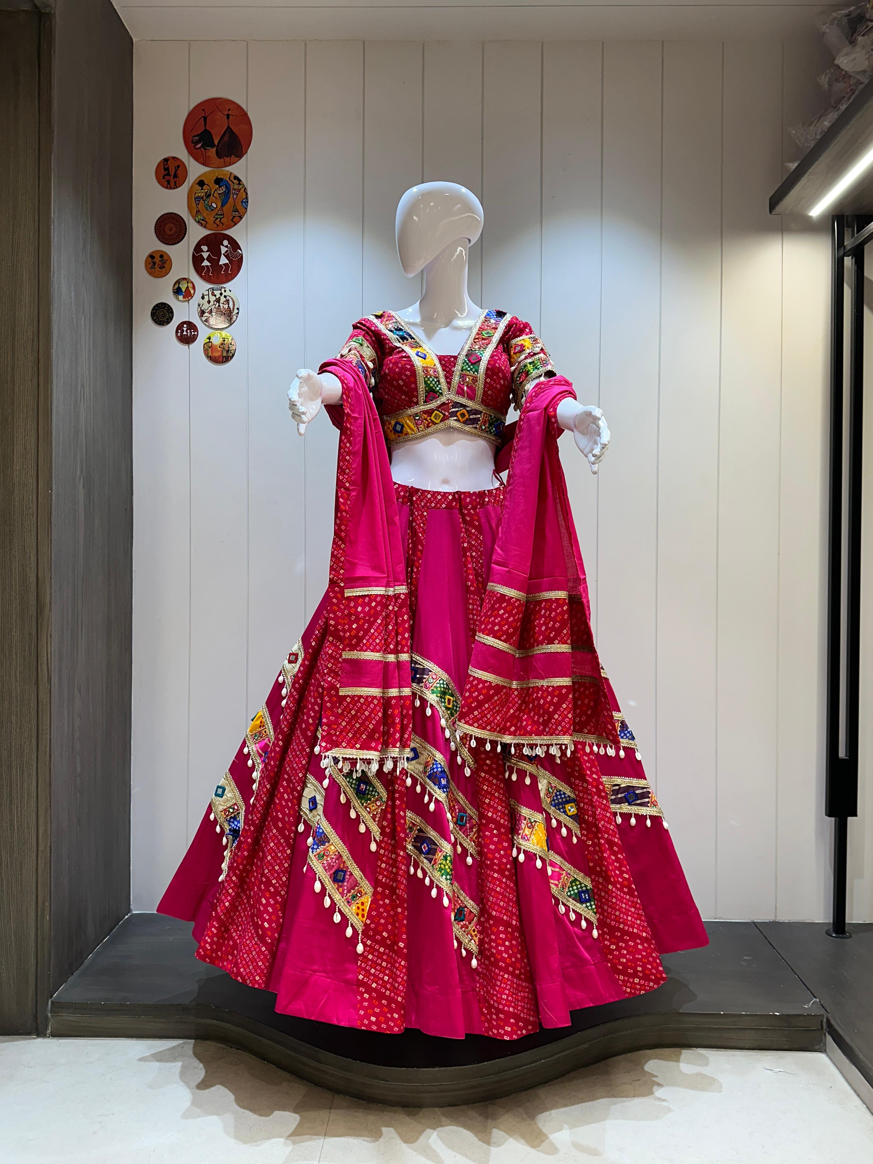 Rani Pink Bandhani Chaniya Choli with 8 Meter Flare for Navratri