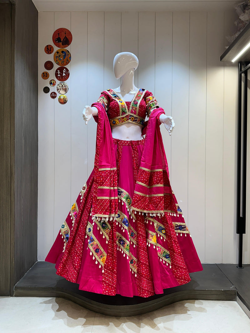 Rani Pink Bandhani Chaniya Choli with 8 Meter Flare for Navratri
