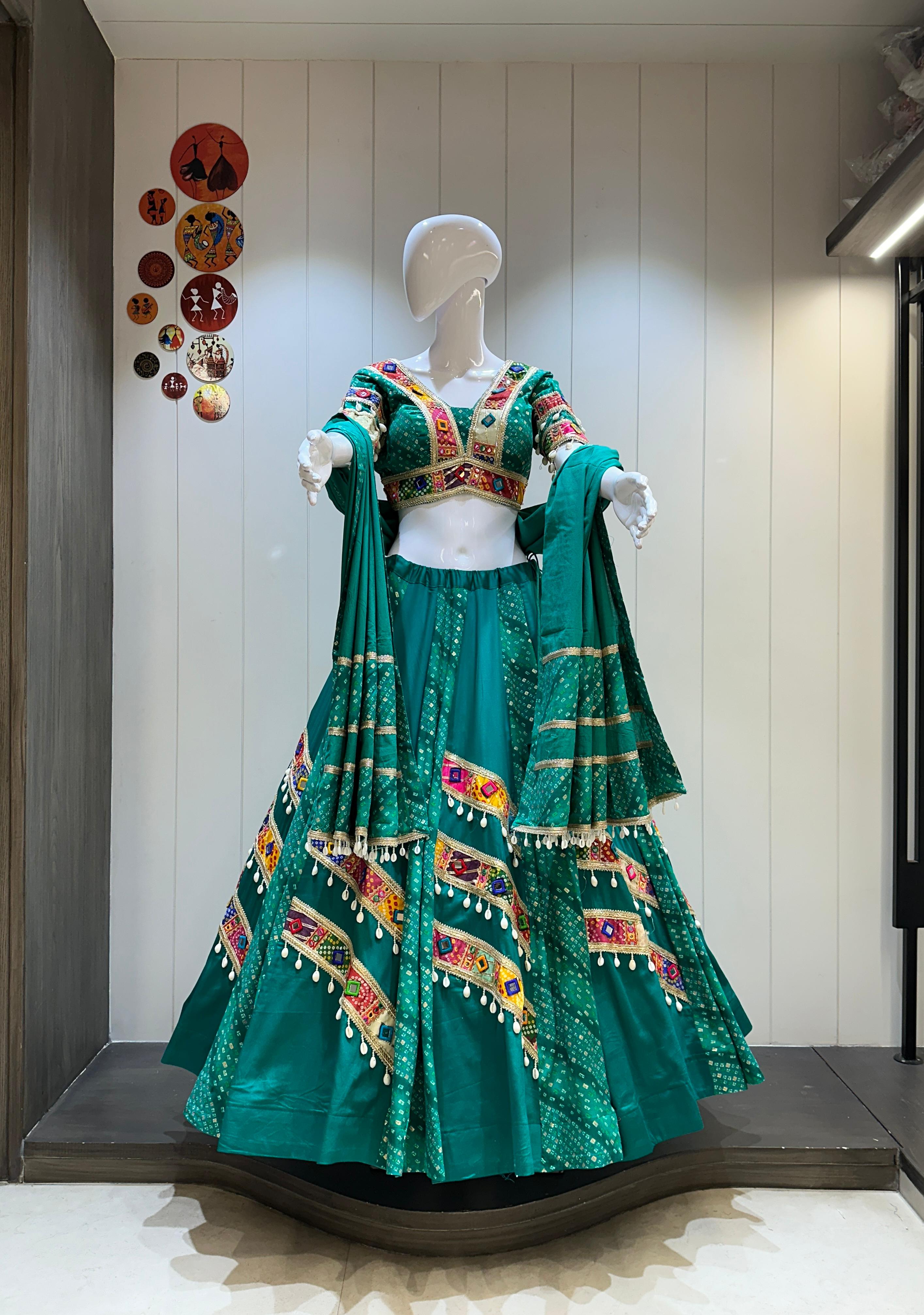 Green Bandhani Vintage Work Chaniya Choli for navratri